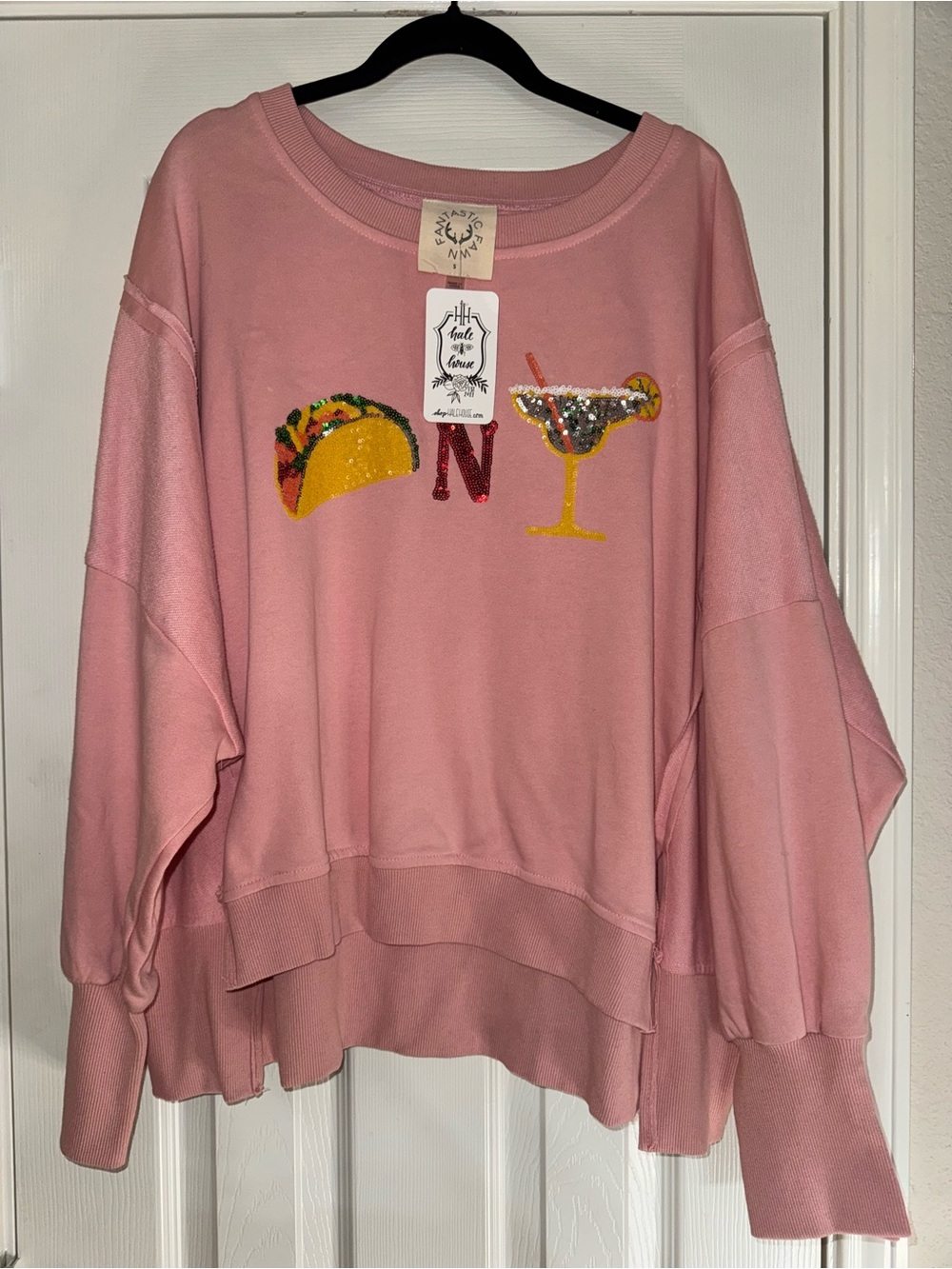 NWT Fantastic Fawn Pink Sequin Taco & Margarita Sweatshirt